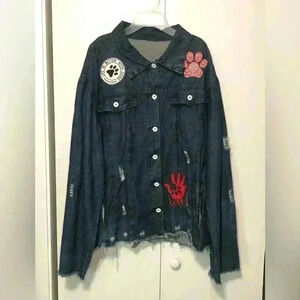 Denim Button Up Distressed Unique Jacket  Embroidered Bulldog Dog Patches sz 2X